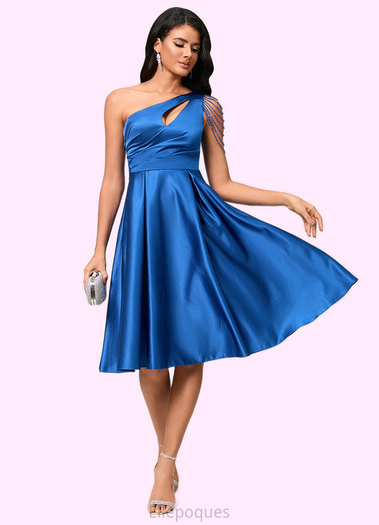 Mya A-line One Shoulder Knee-Length Satin Cocktail Dress With Beading Pleated HOP0022531