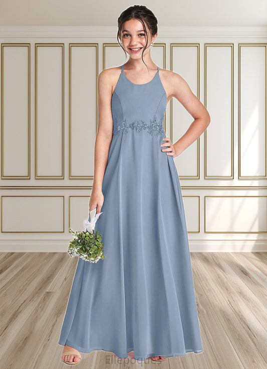 Charlotte A-Line Lace Chiffon Floor-Length Junior Bridesmaid Dress dusty blue HOP0022860