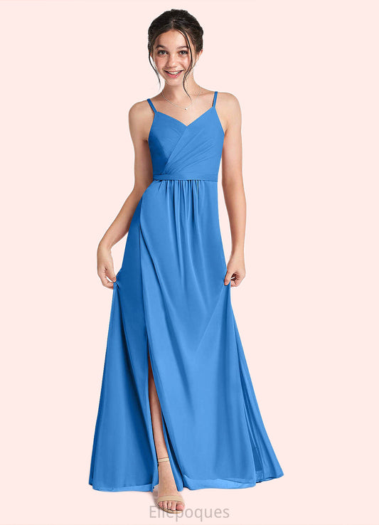Julissa Pleated Mesh Floor-Length Junior Bridesmaid Dress Blue Jay HOP0022861