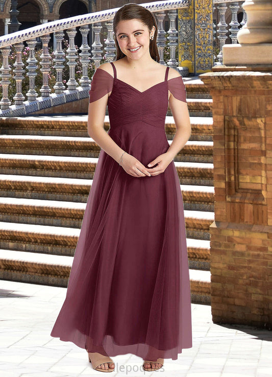 Macy A-Line Off the Shoulder Tulle Floor-Length Junior Bridesmaid Dress Cabernet HOP0022873