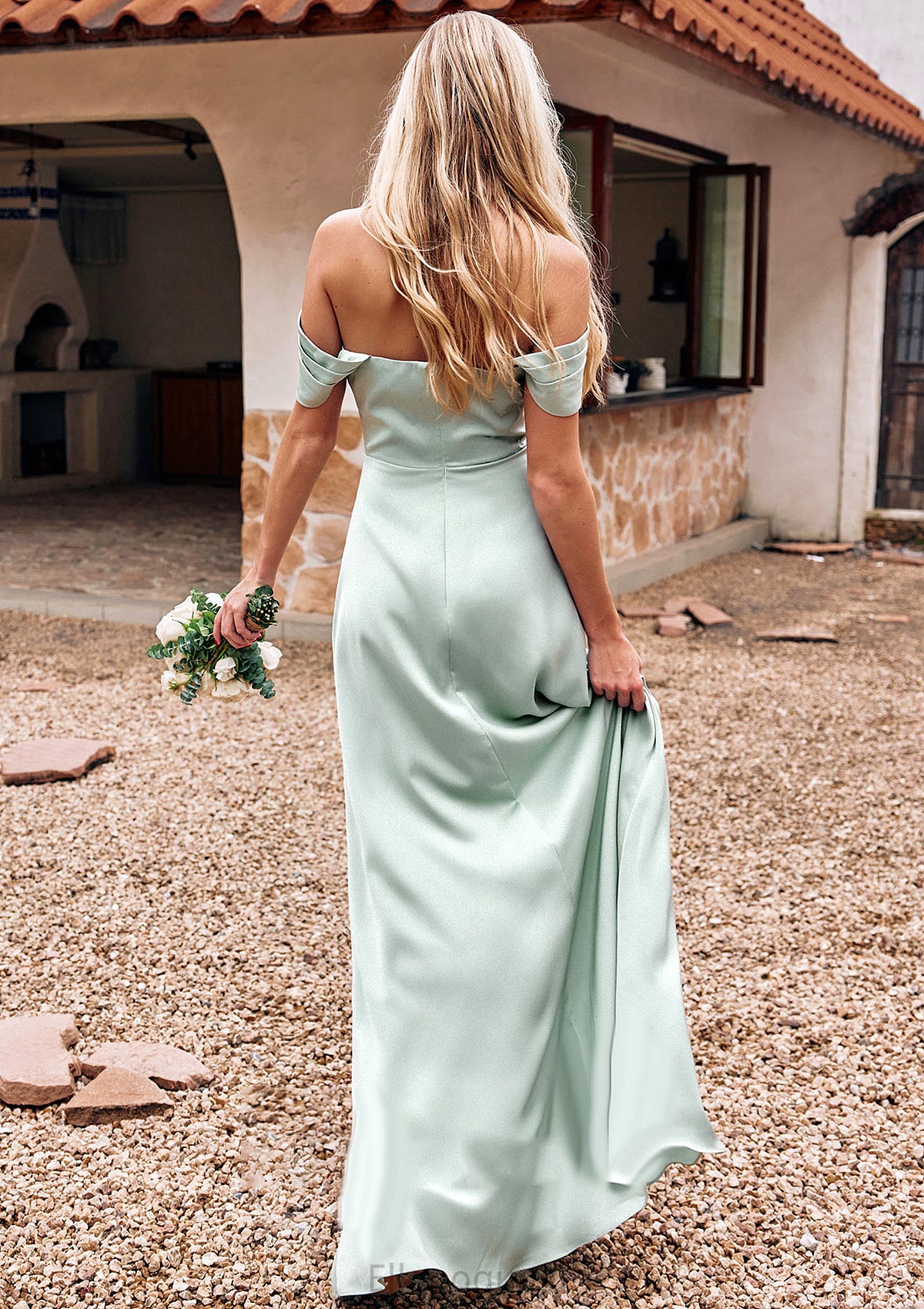 Sheath/Column Off-the-Shoulder Sleeveless Floor-Length Stretch Satin Bridesmaid Dresses with Pleated Karly HOP0025218