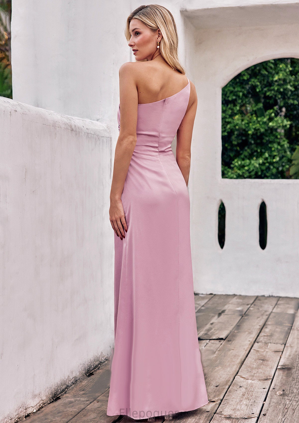 Sheath/Column One-Shoulder Sleeveless Floor-Length Stretch Satin Bridesmaid Dresses with Pleated Paulina HOP0025221