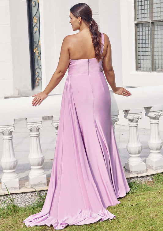 Trumpet/Mermaid One-Shoulder Sleeveless Floor-Length Jersey Plus Size Bridesmaid Dresses with Pleated Side Draping Raven HOP0025235