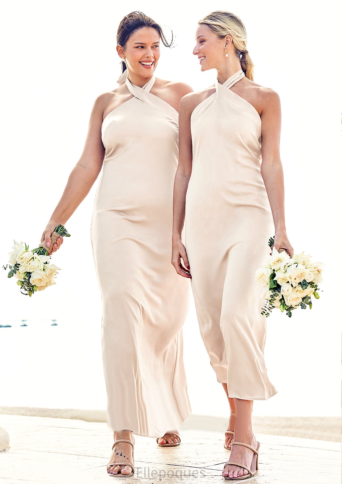 Sheath/Column Halter Sleeveless Ankle-Length Stretch Satin Bridesmaid Dresses with Bowknot Kennedy HOP0025236