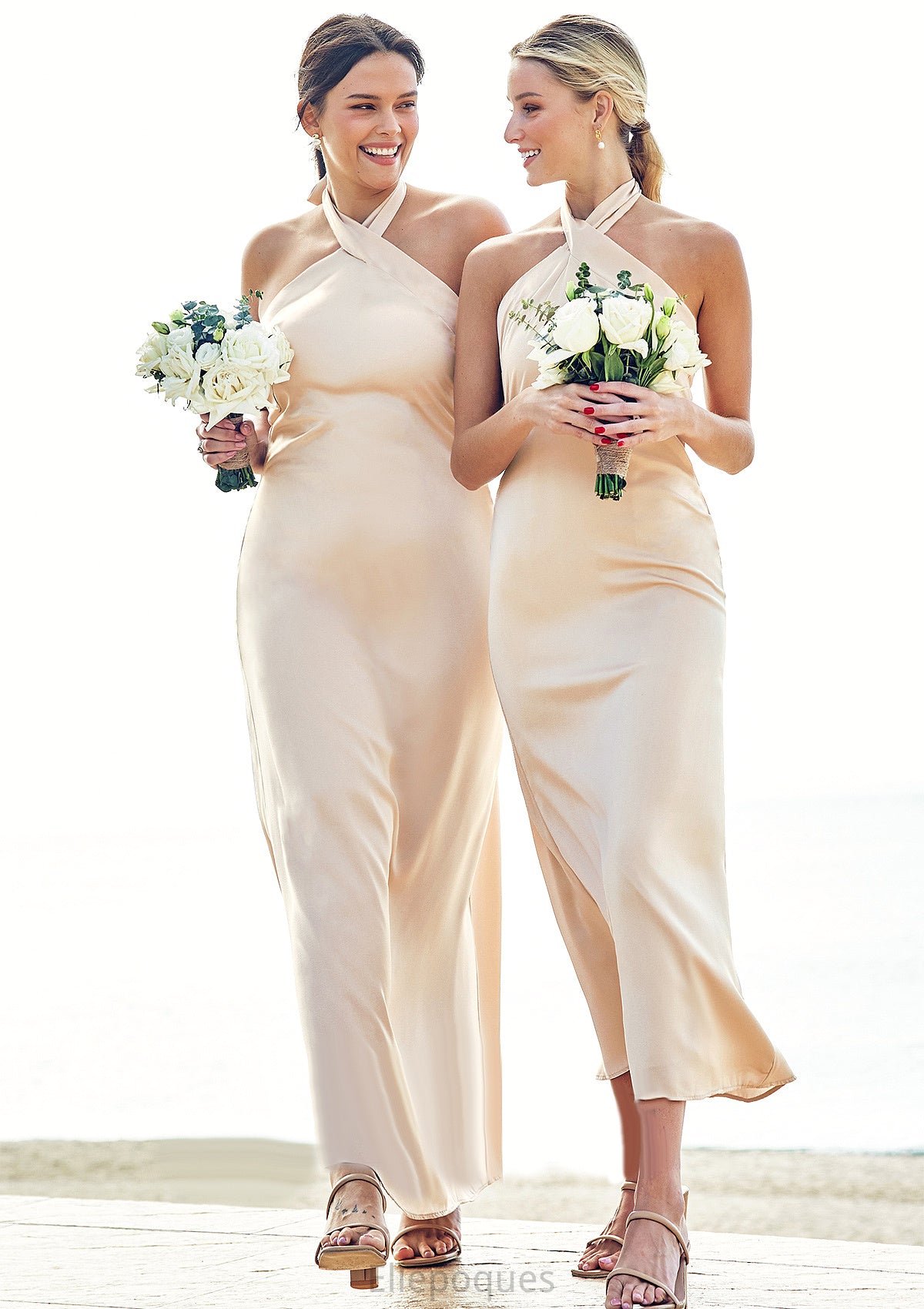 Sheath/Column Halter Sleeveless Ankle-Length Stretch Satin Bridesmaid Dresses with Bowknot Kennedy HOP0025236