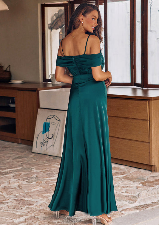 A-line Off-the-Shoulder Sleeveless Floor-Length Stretch Satin Bridesmaid Dresses with Pleated Dalia HOP0025243