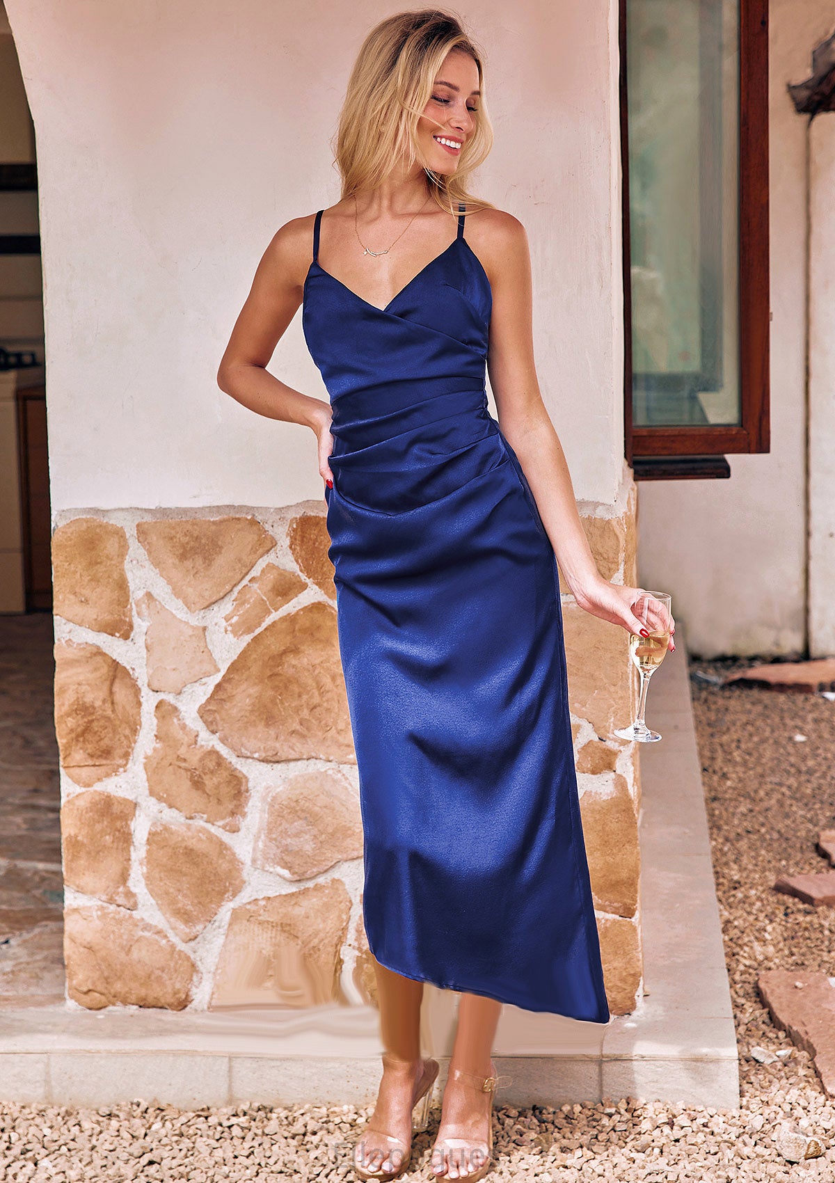 Sheath/Column V Neck Sleeveless Asymmetrical Stretch Satin Bridesmaid Dresses with Pleated Jolie HOP0025245