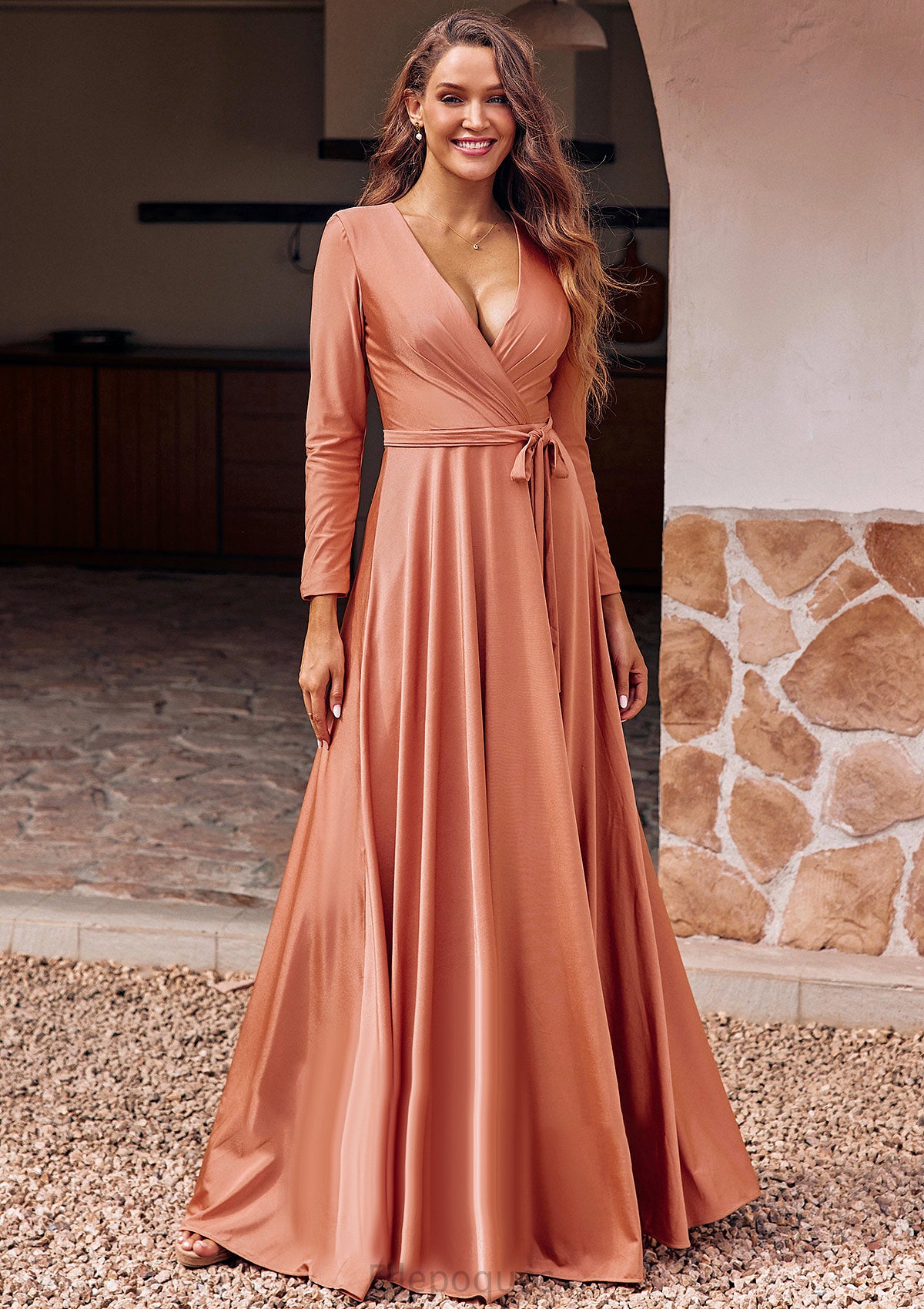 A-line V Neck Full/Long Sleeve Floor-Length Jersey Bridesmaid Dresses with Pleated Sashes Amari HOP0025246