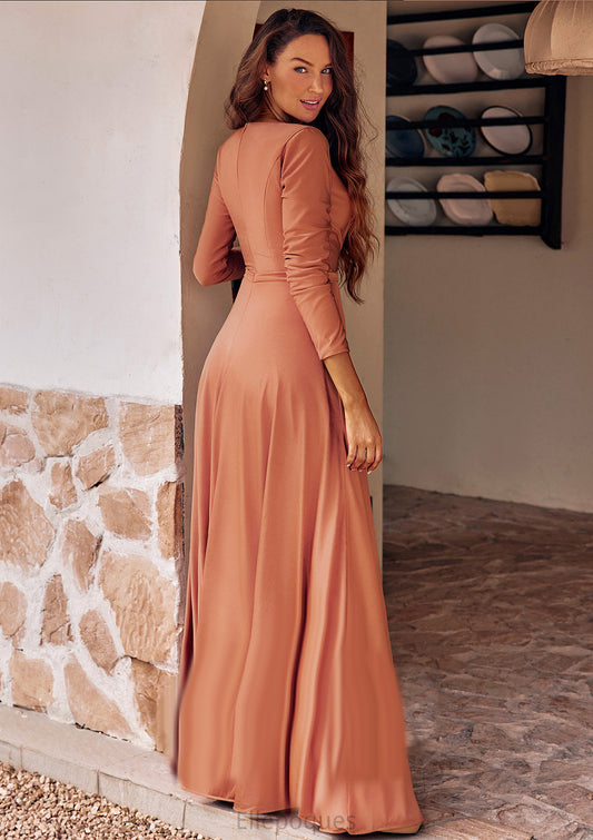 A-line V Neck Full/Long Sleeve Floor-Length Jersey Bridesmaid Dresses with Pleated Sashes Amari HOP0025246