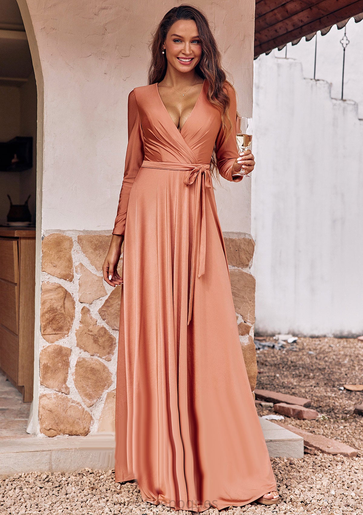 A-line V Neck Full/Long Sleeve Floor-Length Jersey Bridesmaid Dresses with Pleated Sashes Amari HOP0025246