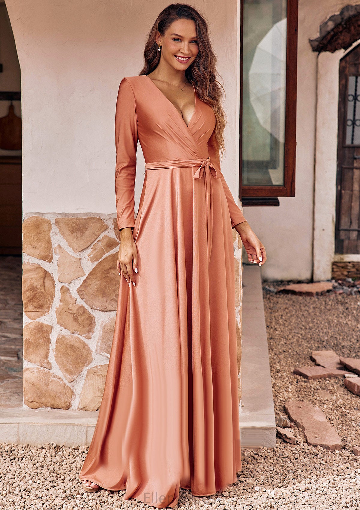 A-line V Neck Full/Long Sleeve Floor-Length Jersey Bridesmaid Dresses with Pleated Sashes Amari HOP0025246