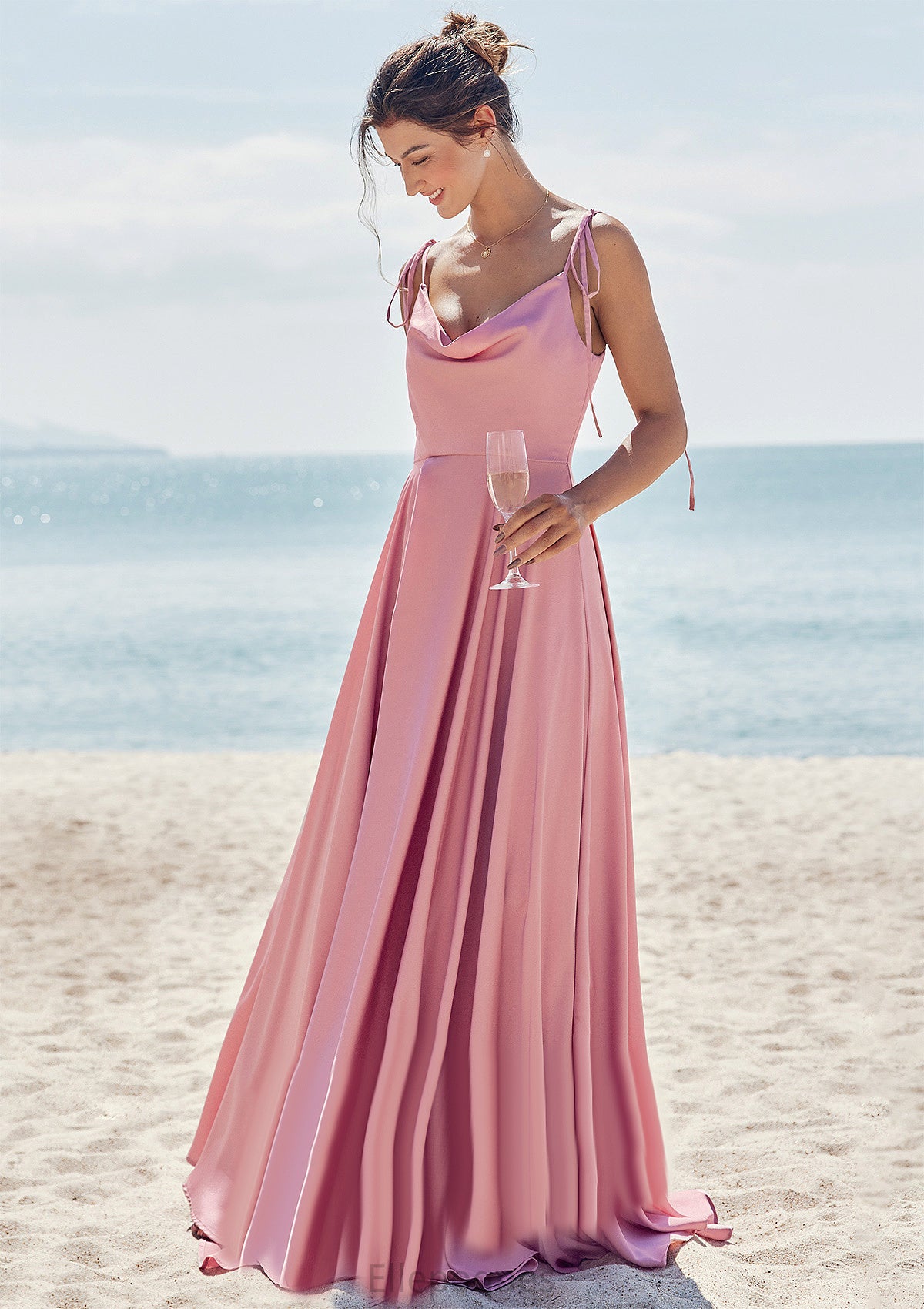 A-line V Neck Sleeveless Floor-Length Stretch Satin Bridesmaid Dresses with Split Macie HOP0025247