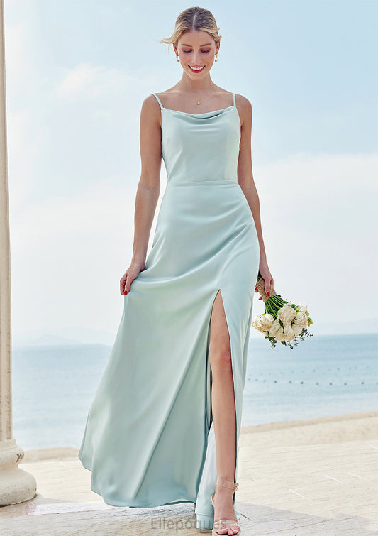 A-line Square Neckline Sleeveless Floor-Length Stretch Satin Bridesmaid Dresses with Split Barbara HOP0025248