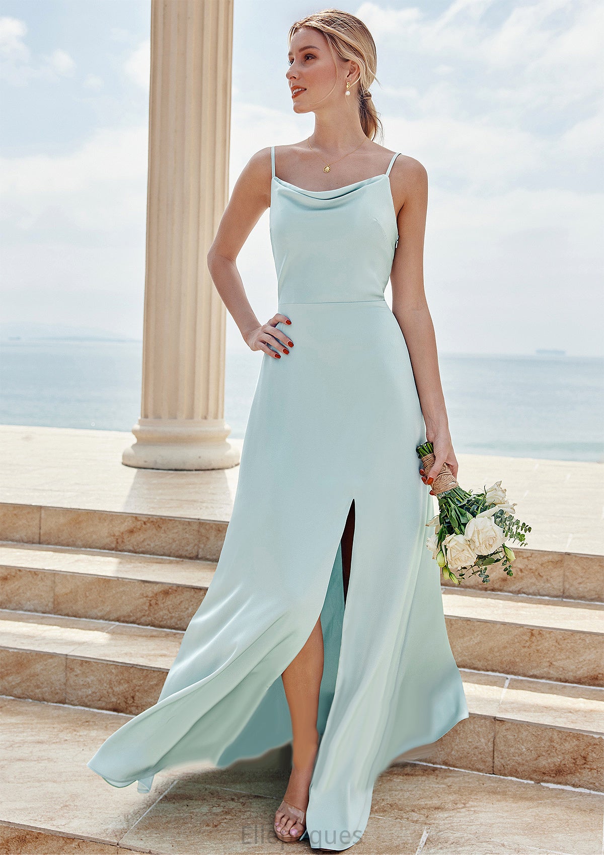 A-line Square Neckline Sleeveless Floor-Length Stretch Satin Bridesmaid Dresses with Split Barbara HOP0025248