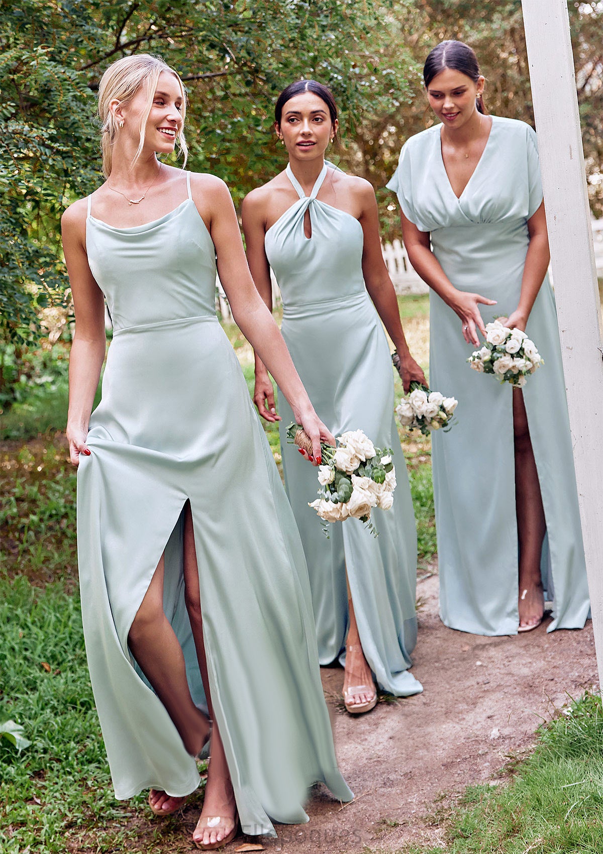 A-line Square Neckline Sleeveless Floor-Length Stretch Satin Bridesmaid Dresses with Split Barbara HOP0025248