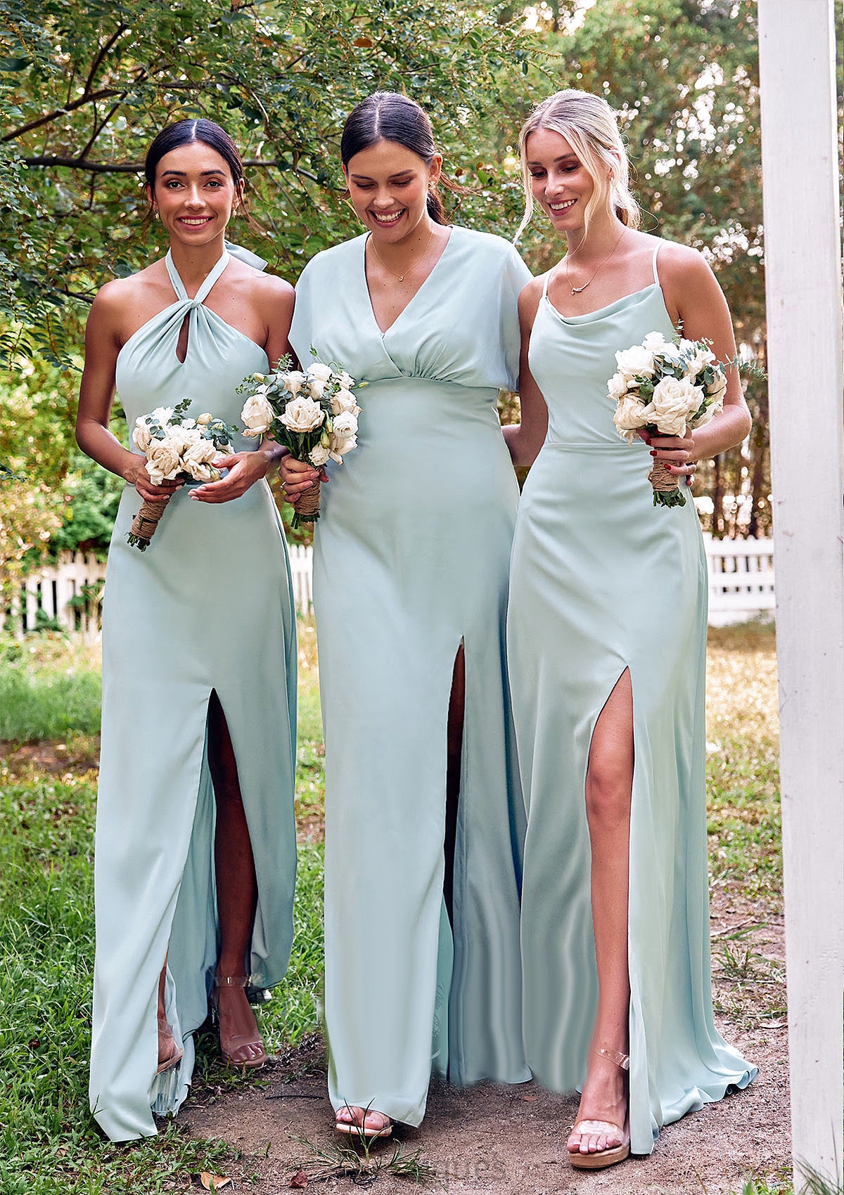 A-line Square Neckline Sleeveless Floor-Length Stretch Satin Bridesmaid Dresses with Split Barbara HOP0025248