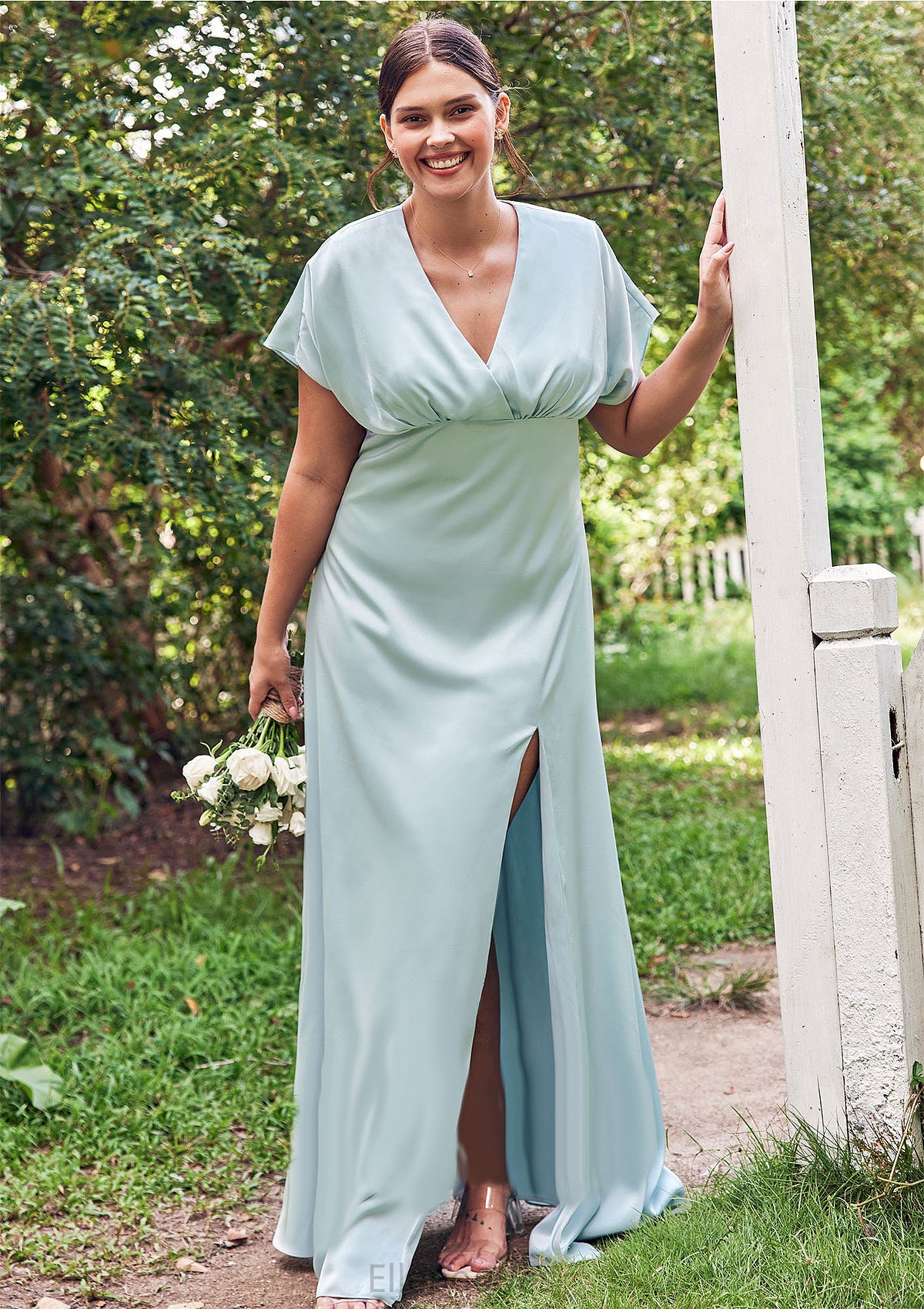 Empire V Neck Short Sleeve Floor-Length Stretch Satin Bridesmaid Dresses with Split Novia HOP0025249