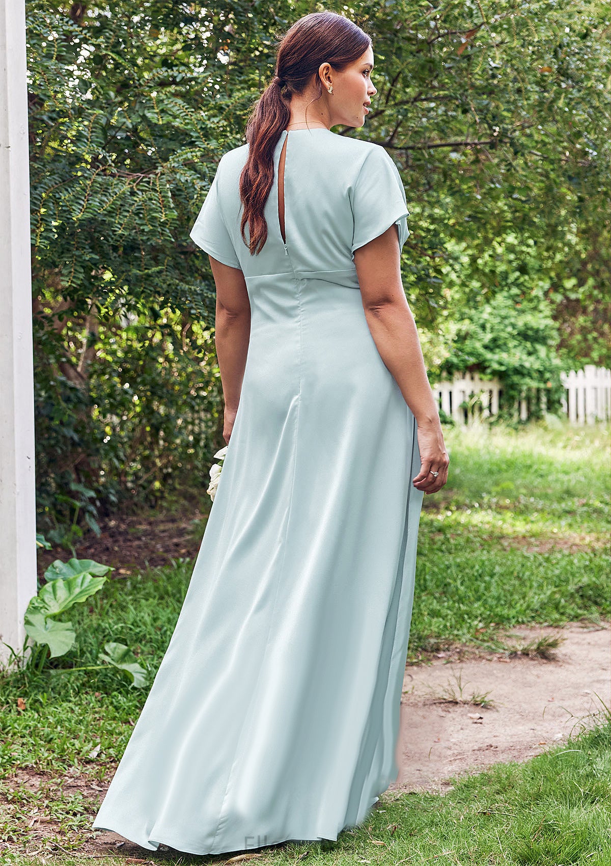 Empire V Neck Short Sleeve Floor-Length Stretch Satin Bridesmaid Dresses with Split Novia HOP0025249