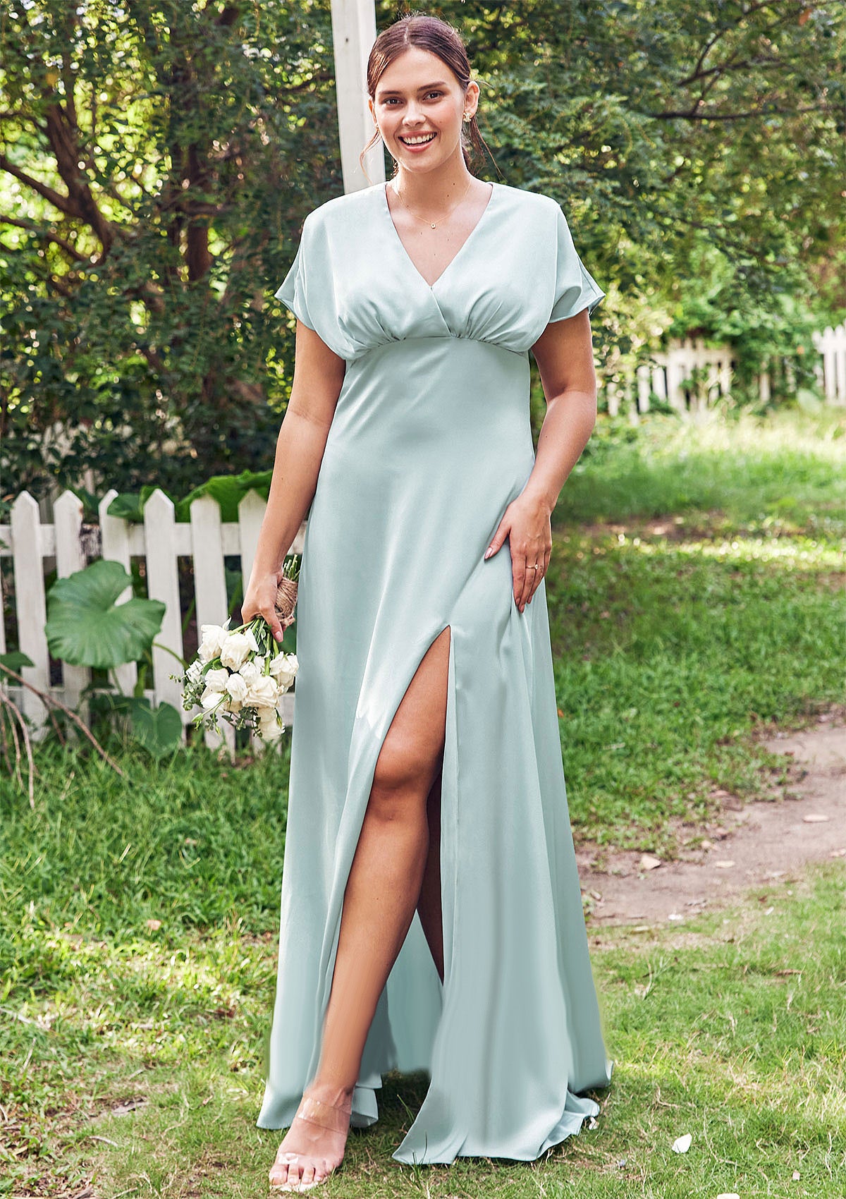 Empire V Neck Short Sleeve Floor-Length Stretch Satin Bridesmaid Dresses with Split Novia HOP0025249