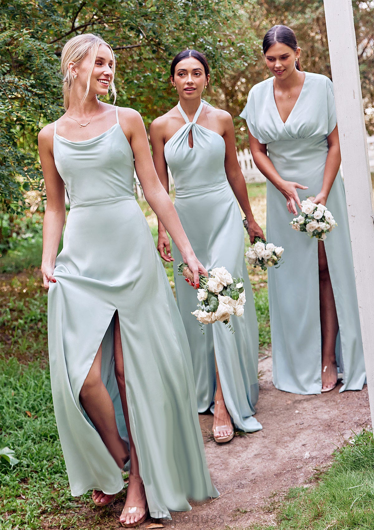 Empire V Neck Short Sleeve Floor-Length Stretch Satin Bridesmaid Dresses with Split Novia HOP0025249