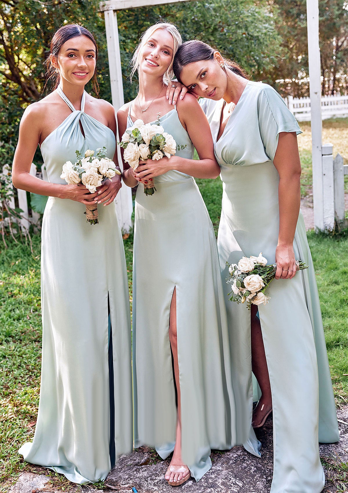 Empire V Neck Short Sleeve Floor-Length Stretch Satin Bridesmaid Dresses with Split Novia HOP0025249