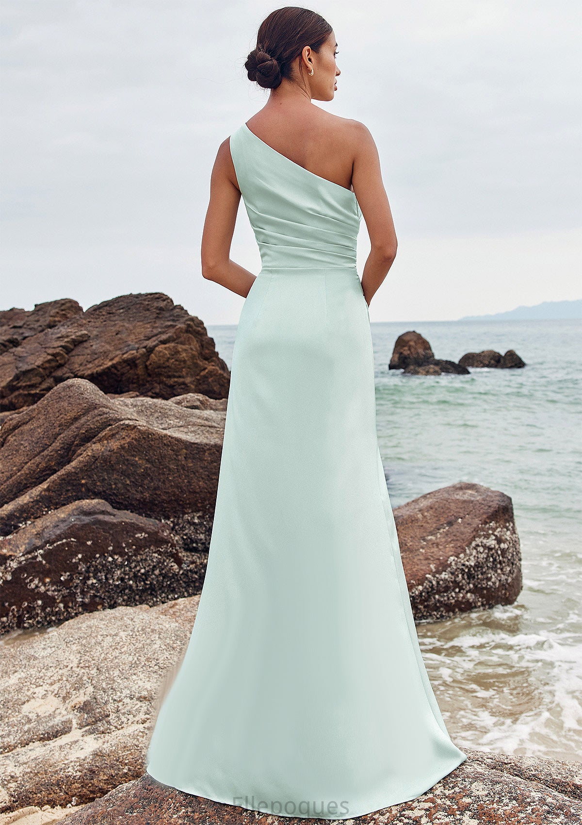 Sheath/Column One-Shoulder Sleeveless Floor-Length Stretch Satin Bridesmaid Dresses with Pleated Split Ayla HOP0025251