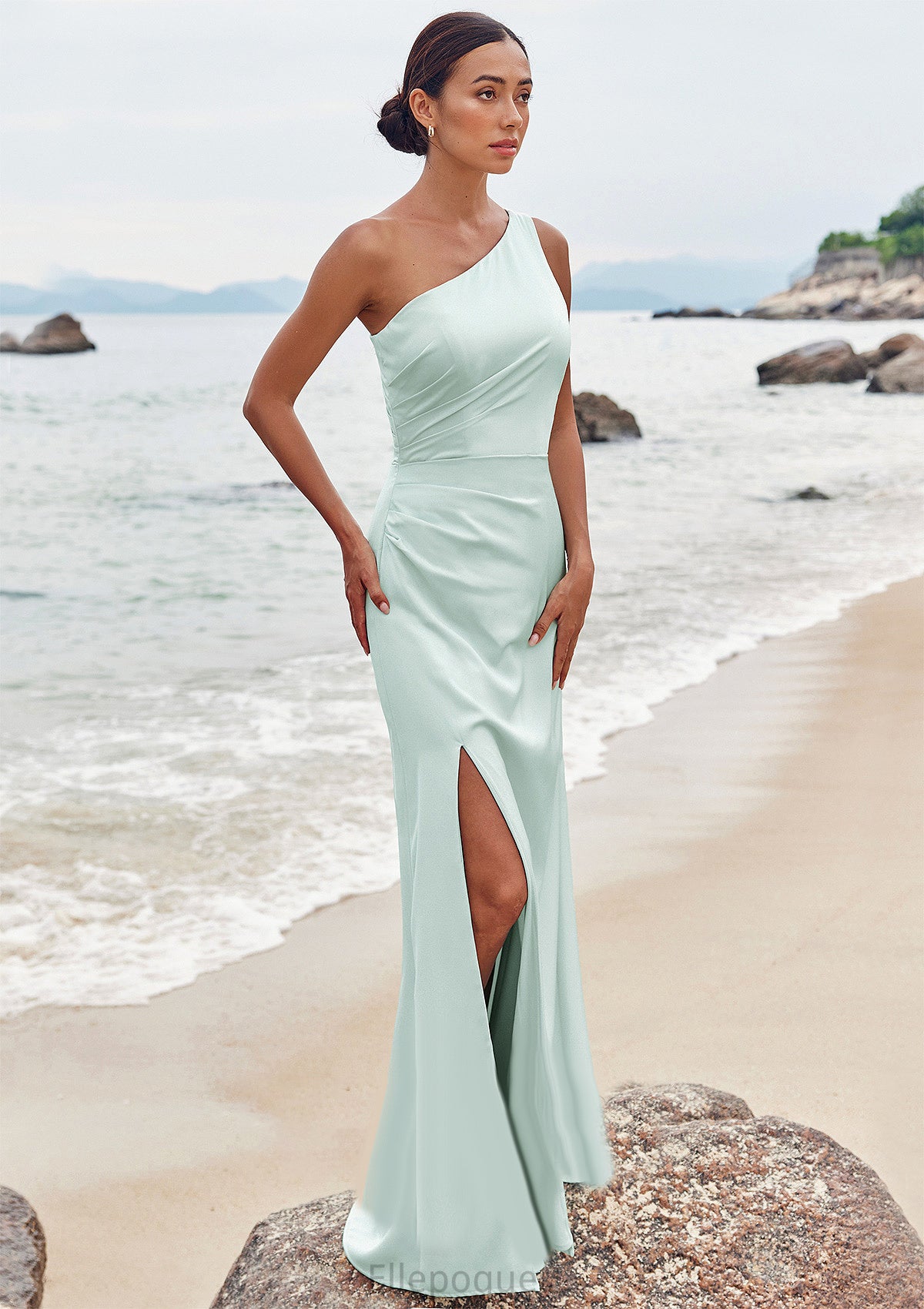 Sheath/Column One-Shoulder Sleeveless Floor-Length Stretch Satin Bridesmaid Dresses with Pleated Split Ayla HOP0025251