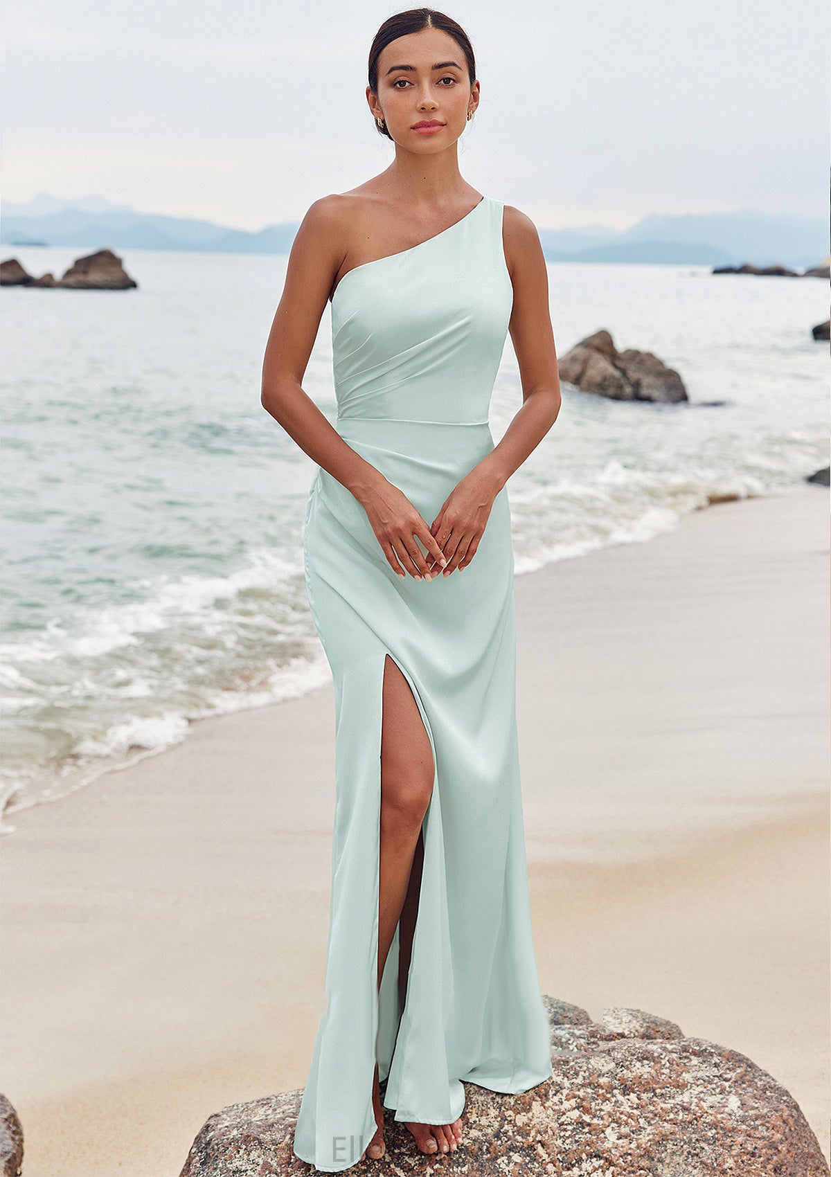 Sheath/Column One-Shoulder Sleeveless Floor-Length Stretch Satin Bridesmaid Dresses with Pleated Split Ayla HOP0025251