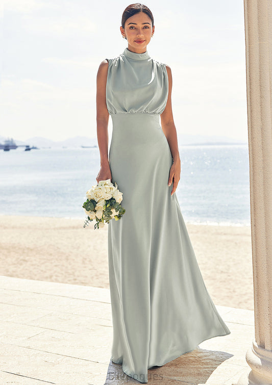 A-line High-Neck Sleeveless Floor-Length Stretch Satin Bridesmaid Dresses Marlene HOP0025252