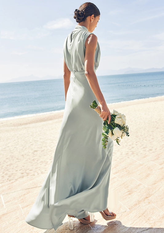 A-line High-Neck Sleeveless Floor-Length Stretch Satin Bridesmaid Dresses Marlene HOP0025252