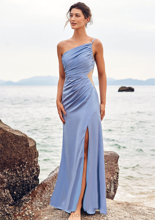 Trumpet/Mermaid One-Shoulder Sleeveless Floor-Length Stretch Satin Bridesmaid Dresses with Pleated Split Myah HOP0025254
