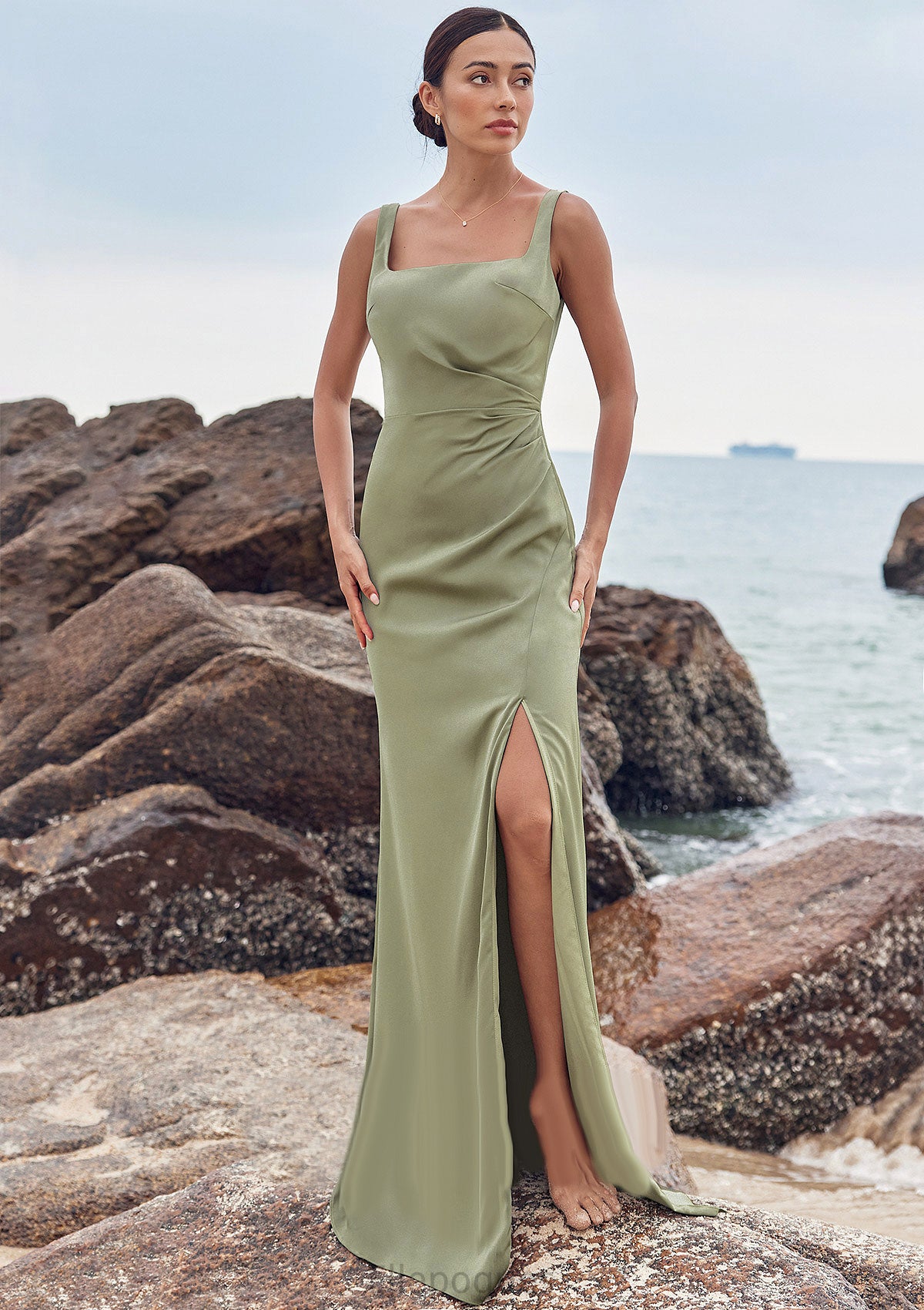 Sheath/Column Square Neckline Sleeveless Floor-Length Stretch Satin Bridesmaid Dresses with Pleated Split Deja HOP0025258