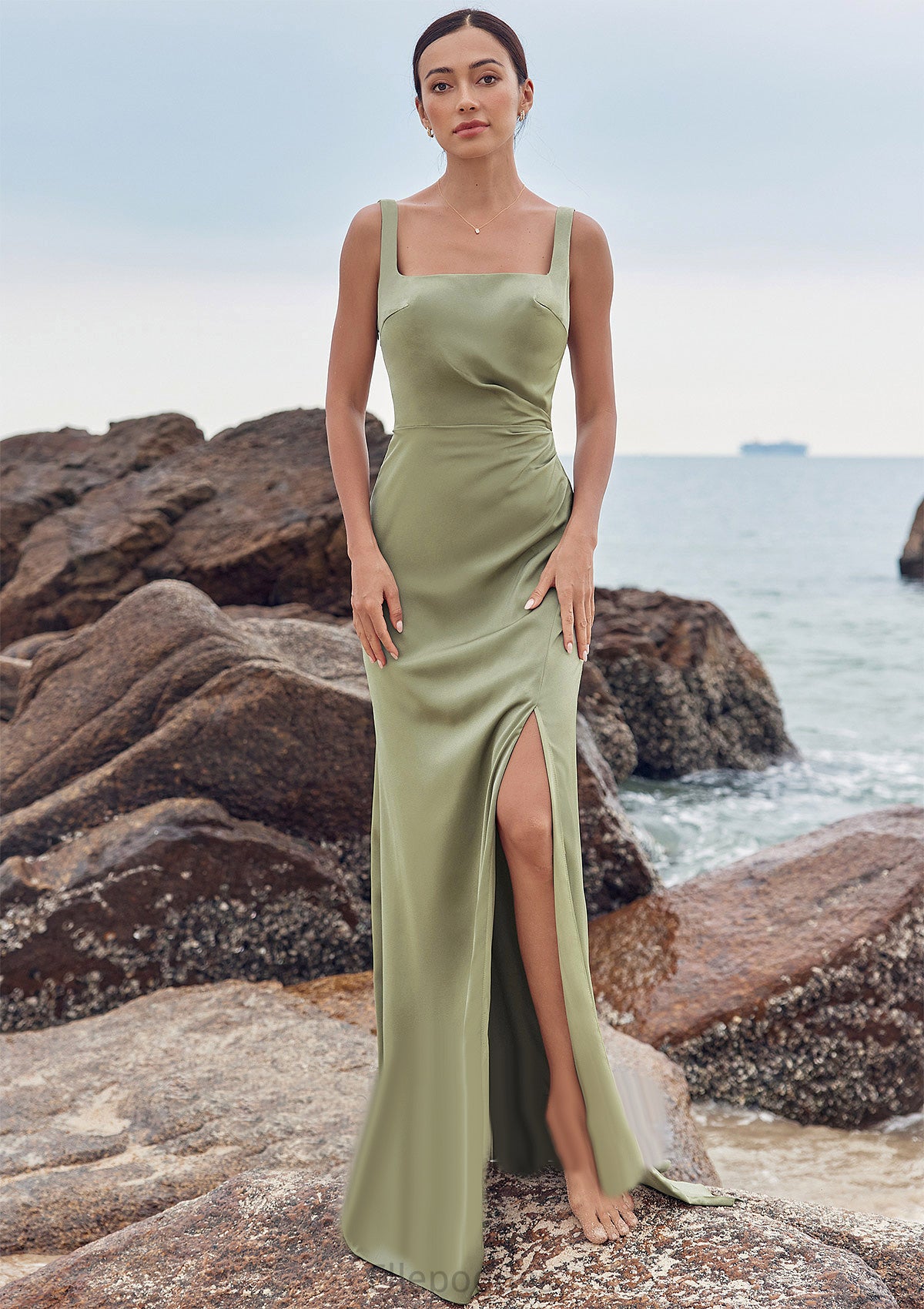 Sheath/Column Square Neckline Sleeveless Floor-Length Stretch Satin Bridesmaid Dresses with Pleated Split Deja HOP0025258