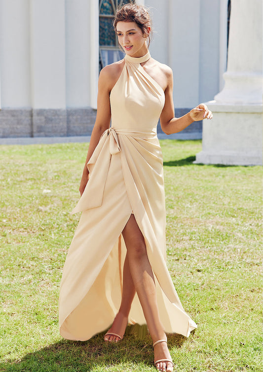 Sheath/Column Halter Sleeveless Asymmetrical Stretch Satin Bridesmaid Dresses with Pleated Sashes Split Karma HOP0025260