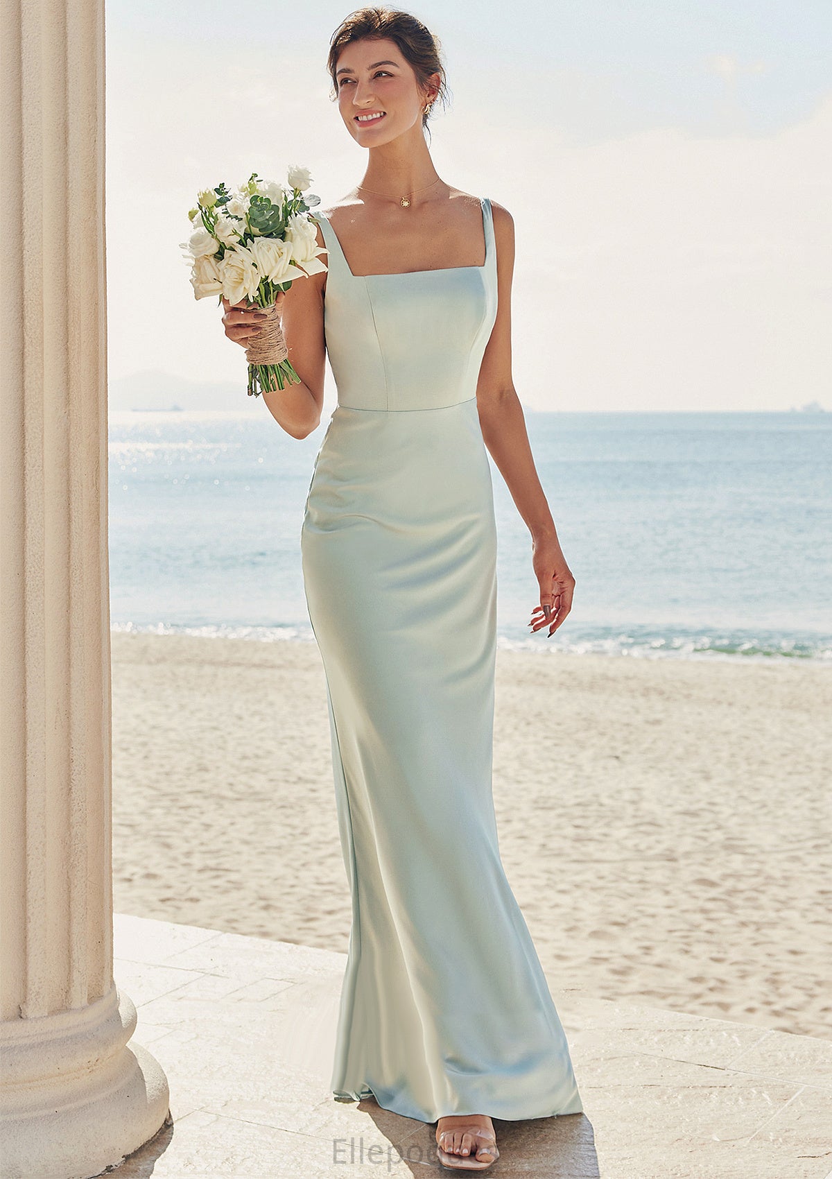 Sheath/Column Square Neckline Sleeveless Floor-Length Stretch Satin Bridesmaid Dresses Lindsey HOP0025262