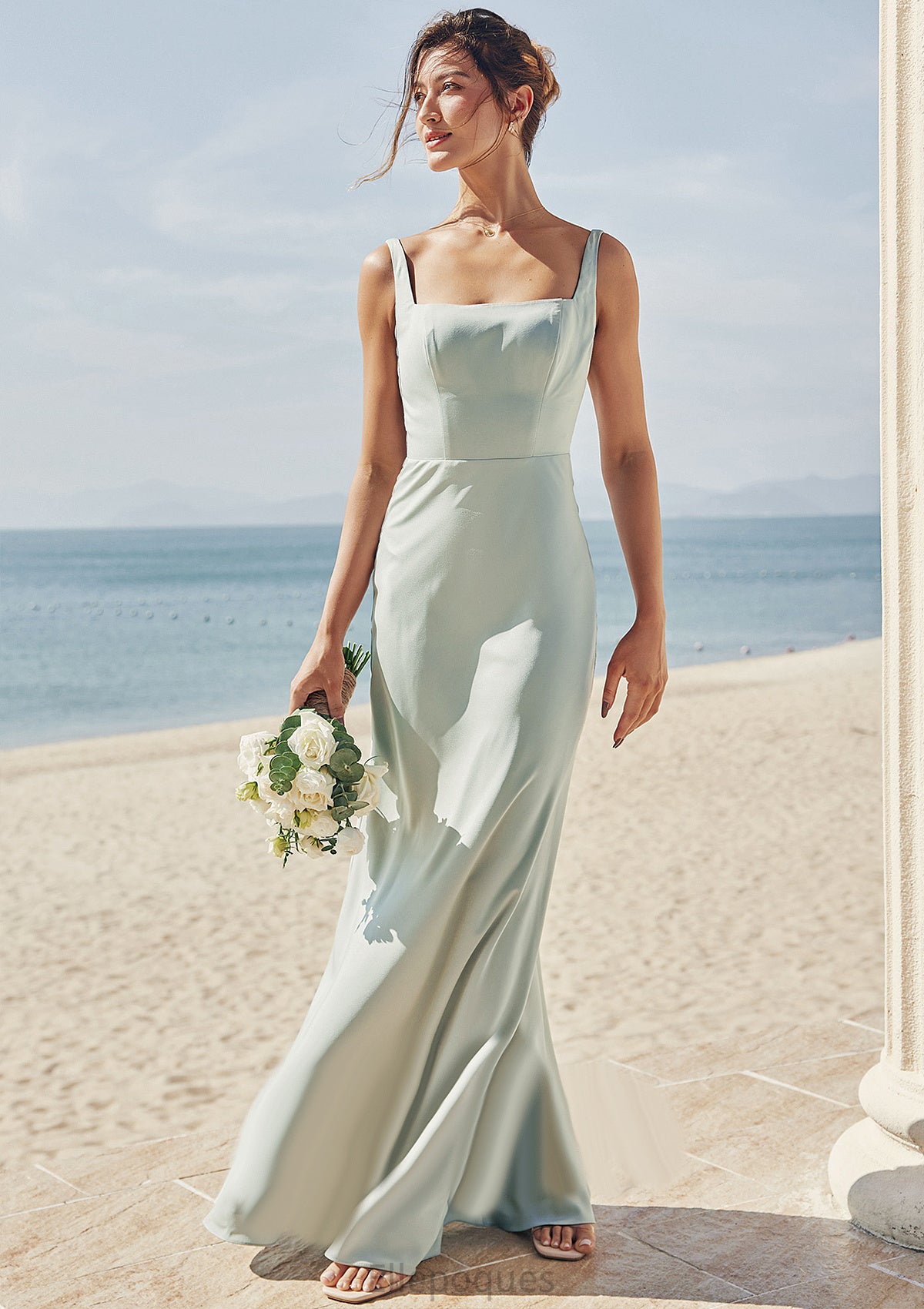 Sheath/Column Square Neckline Sleeveless Floor-Length Stretch Satin Bridesmaid Dresses Lindsey HOP0025262