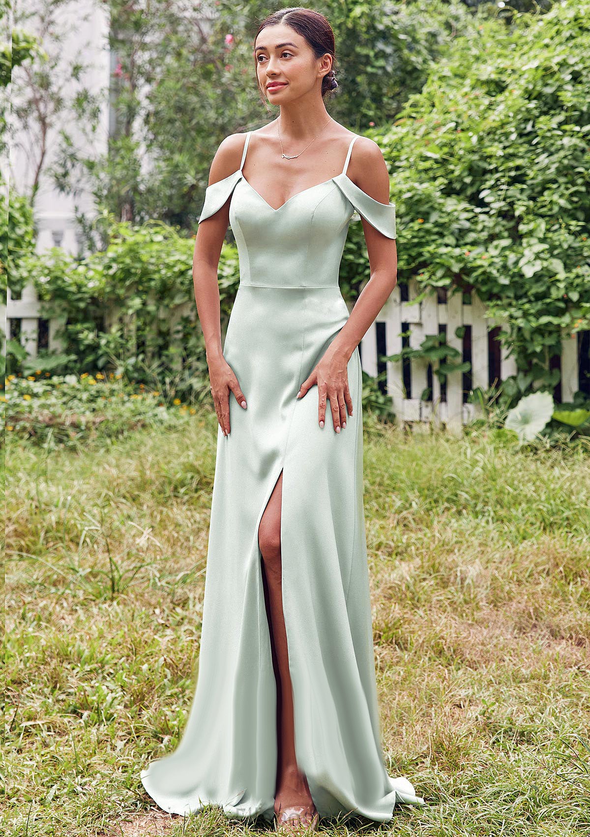 A-line V Neck Sleeveless Floor-Length Stretch Satin Bridesmaid Dresses with Split Lois HOP0025263