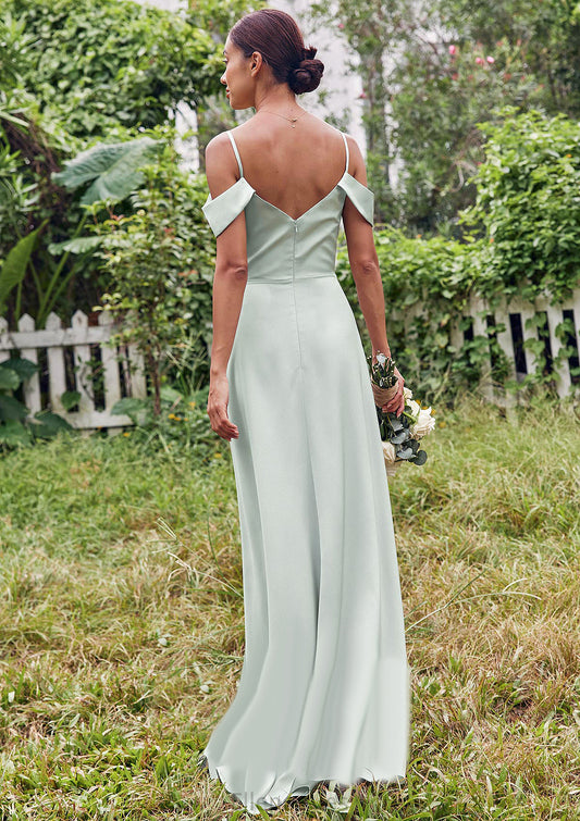 A-line V Neck Sleeveless Floor-Length Stretch Satin Bridesmaid Dresses with Split Lois HOP0025263