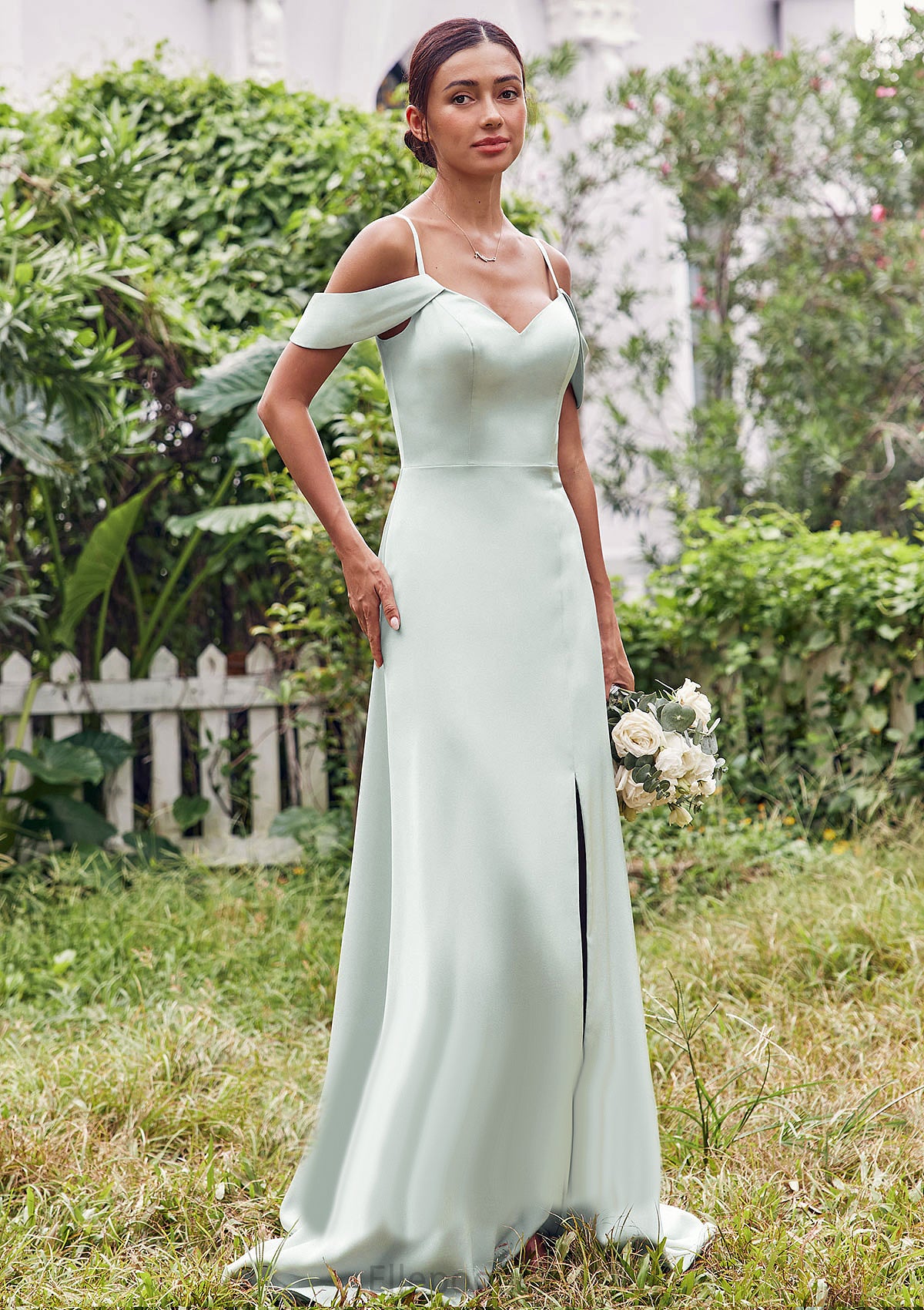 A-line V Neck Sleeveless Floor-Length Stretch Satin Bridesmaid Dresses with Split Lois HOP0025263