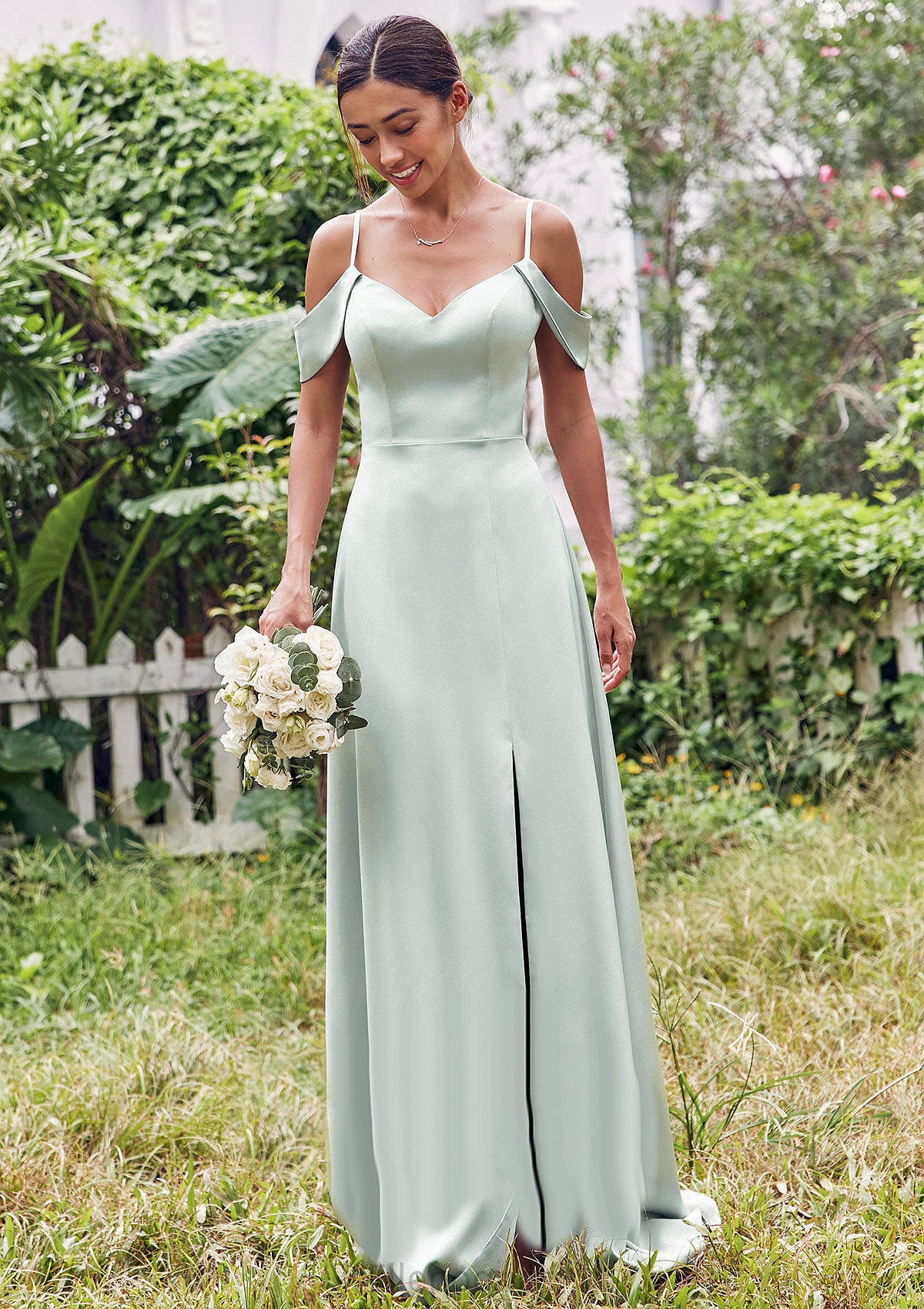 A-line V Neck Sleeveless Floor-Length Stretch Satin Bridesmaid Dresses with Split Lois HOP0025263