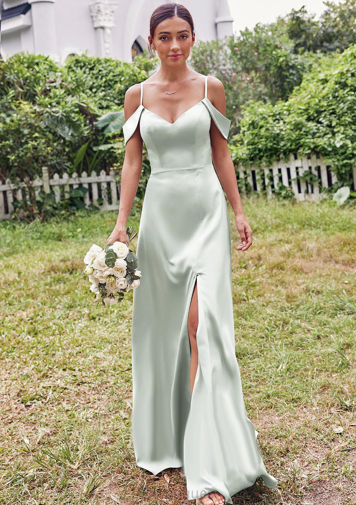 A-line V Neck Sleeveless Floor-Length Stretch Satin Bridesmaid Dresses with Split Lois HOP0025263