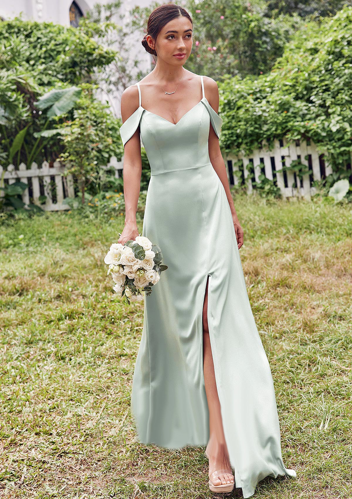 A-line V Neck Sleeveless Floor-Length Stretch Satin Bridesmaid Dresses with Split Lois HOP0025263