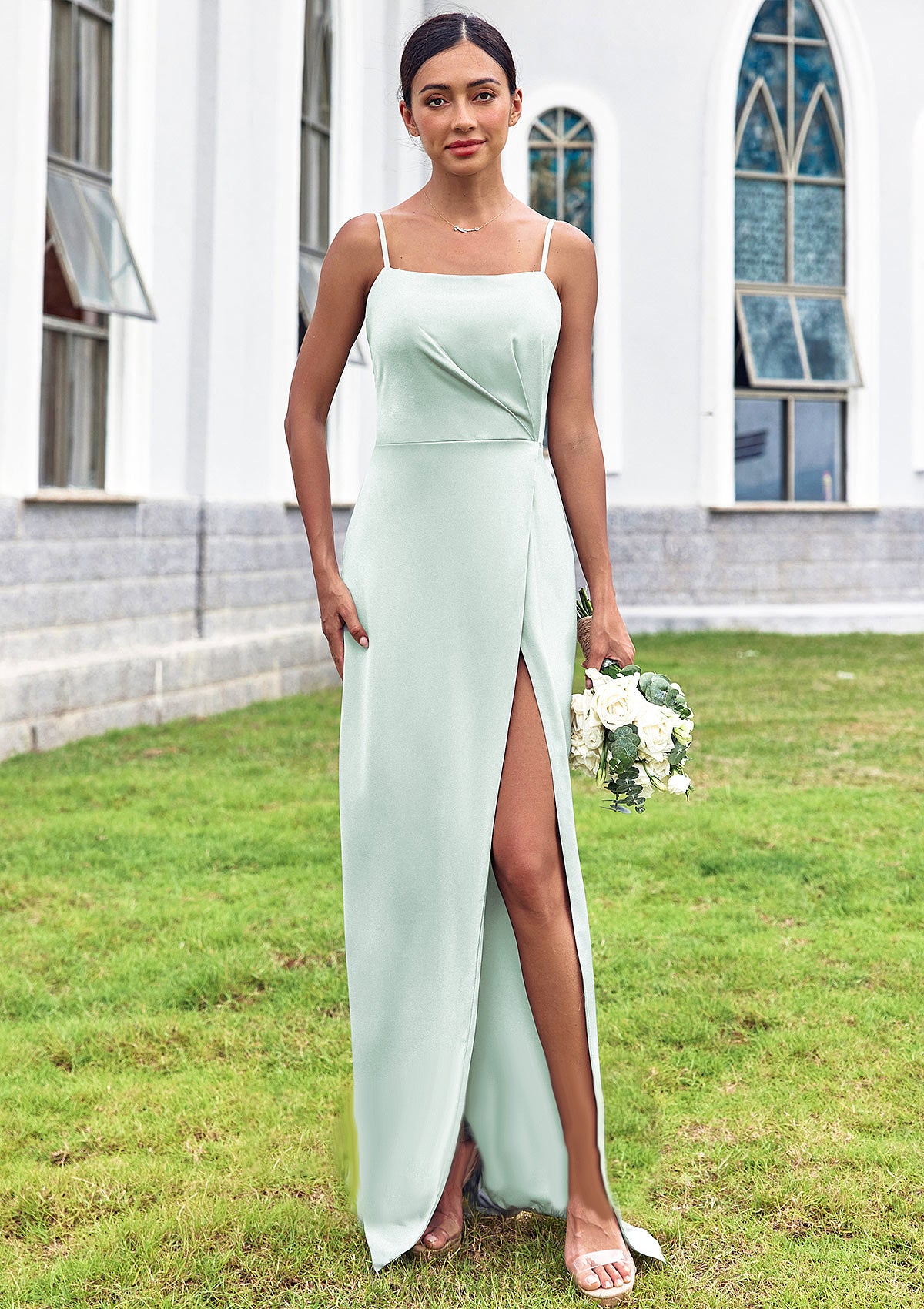 Sheath/Column Square Neckline Sleeveless Floor-Length Stretch Satin Bridesmaid Dresses with Pleated Split Bethany HOP0025264