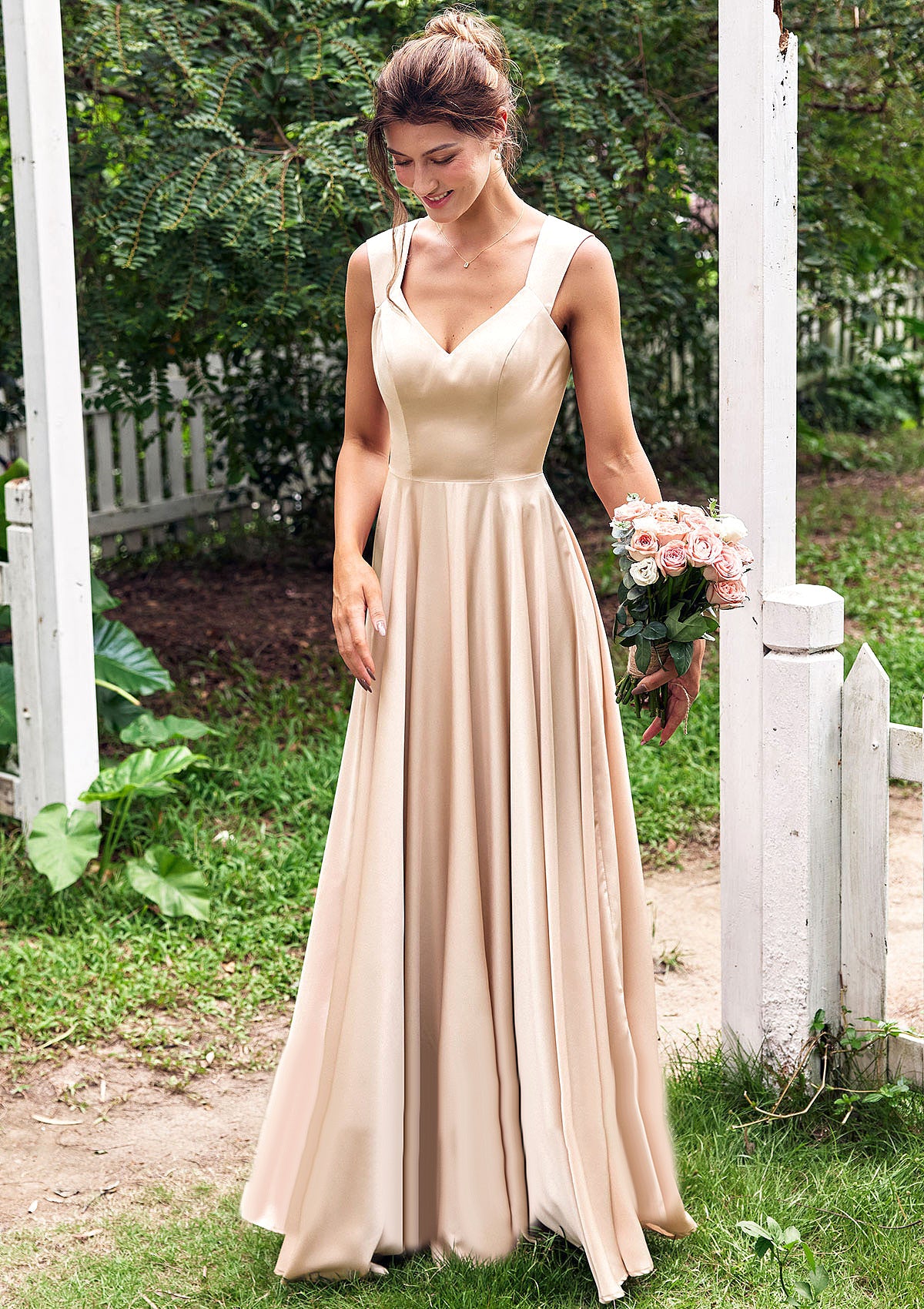 A-line V Neck Sleeveless Floor-Length Stretch Satin Bridesmaid Dresses with Pleated Jessie HOP0025266