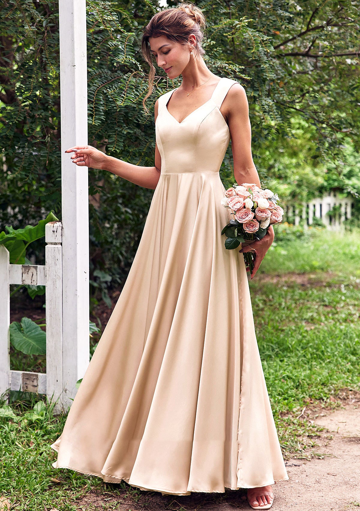 A-line V Neck Sleeveless Floor-Length Stretch Satin Bridesmaid Dresses with Pleated Jessie HOP0025266