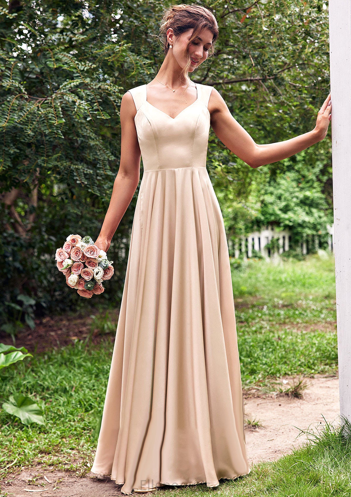 A-line V Neck Sleeveless Floor-Length Stretch Satin Bridesmaid Dresses with Pleated Jessie HOP0025266