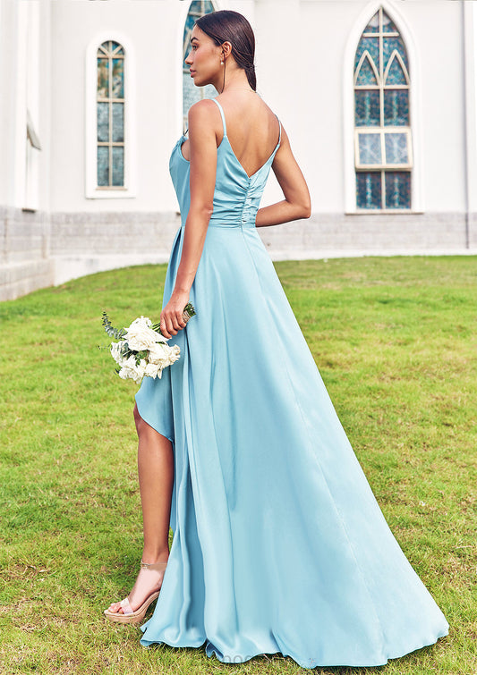 A-line Cowl Neck Sleeveless Floor-Length Stretch Satin Bridesmaid Dresses with Pleated Ruffles Split Anabelle HOP0025270