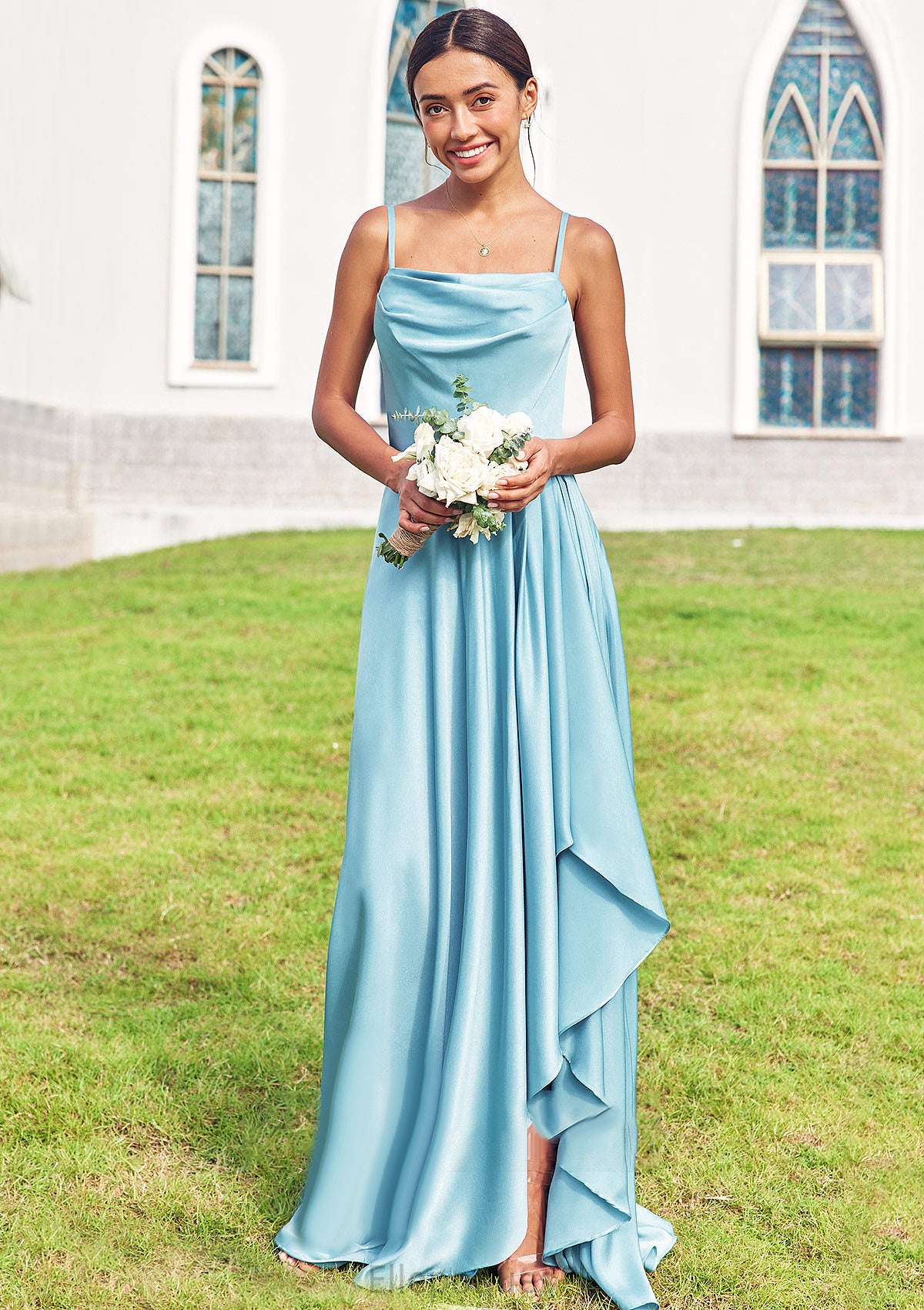 A-line Cowl Neck Sleeveless Floor-Length Stretch Satin Bridesmaid Dresses with Pleated Ruffles Split Anabelle HOP0025270