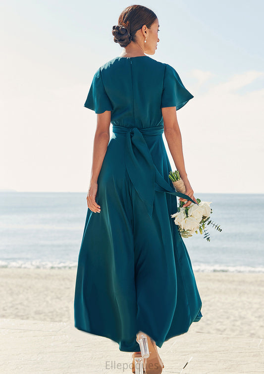 A-line V Neck Short Sleeve Asymmetrical Stretch Satin Bridesmaid Dresses with Bowknot Sashes Elianna HOP0025272