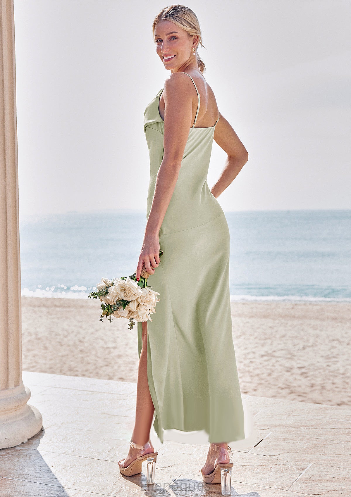 Sheath/Column Cowl Neck Sleeveless Ankle-Length Stretch Satin Bridesmaid Dresses with Split Toni HOP0025275